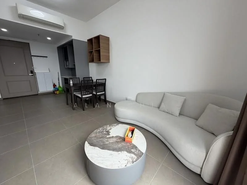 Living features: curved fabric sofa in light grey, round coffee table with marble top, tile flooring in light grey, wall-mounted air conditioning unit, open shelving unit on wall, dining table with four black chairs, neutral painted walls, floor-to-ceiling window with brown curtains; style: modern.