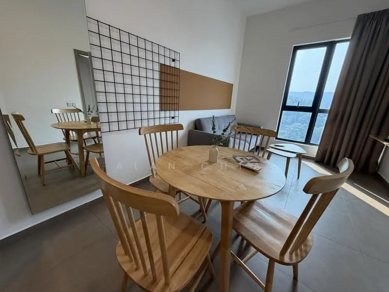 Dining features: round wooden dining table, 4 wooden dining chairs, floor-to-ceiling window, curtains, grey sofa, decorative wall grid, mirror on wall, tile flooring, mountain view; style: modern; view: mountain.