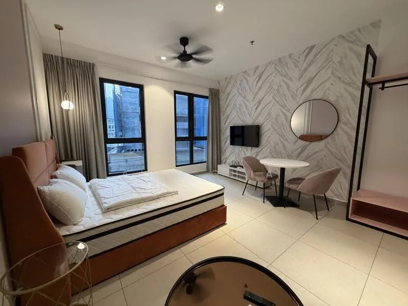 Bedroom features: king-size bed with upholstered headboard, white bedding, 2 bedside tables, round mirror, wall-mounted TV, dining table for 2, 2 upholstered dining chairs, ceiling fan, floor-to-ceiling windows, curtains, light-colored walls with herringbone pattern accent wall, tile flooring; style: modern; view: city.