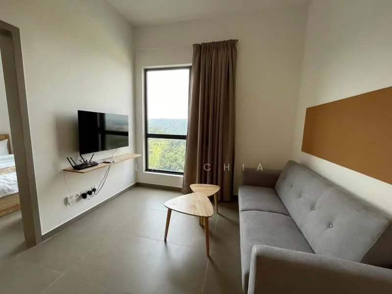 Living features: grey fabric sofa, wooden coffee table, wall-mounted TV, large window with view, curtains, light grey tiled flooring, accent wall in brown, shelf under TV; style: modern; view: mountain.