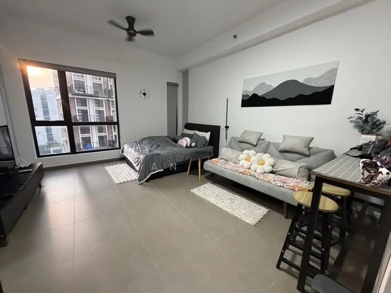 Living features: grey fabric sofa, 2-seater sofa, coffee table, TV console, wall-mounted TV, area rug, ceiling fan, large windows with city view, decorative wall art, neutral painted walls, tile flooring; style: modern; view: city.