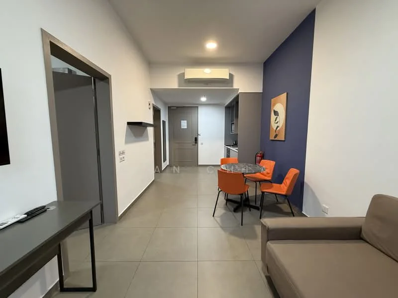 Living features: grey tiled flooring, white painted walls, blue accent wall, sofa in beige, 4-seater dining table with orange chairs, wall-mounted TV, air conditioning unit, open layout, decorative artwork on wall, side table, doorway to kitchen, doorway to hallway; style: modern.
