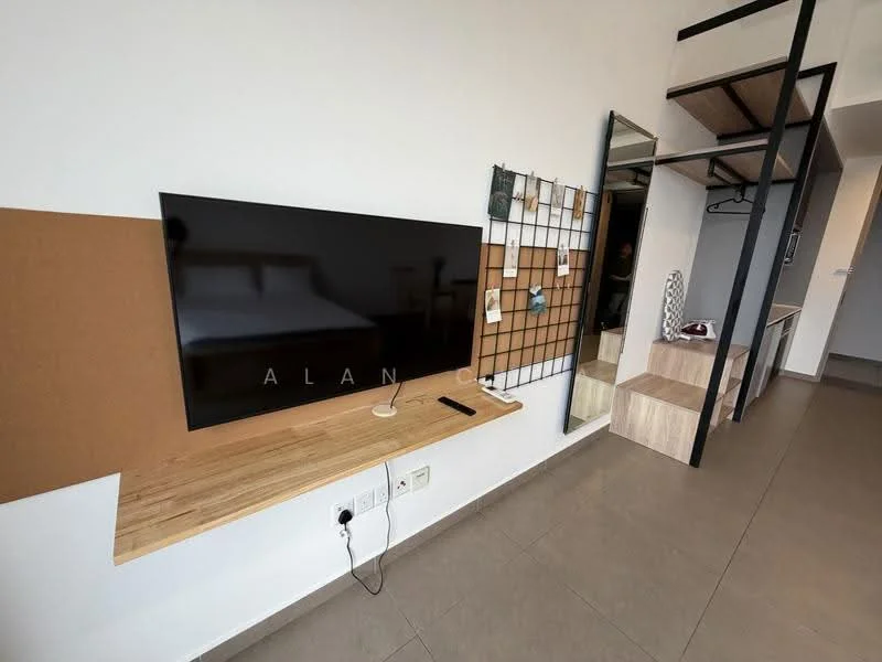 Room features: wall-mounted TV, wooden shelf for TV, light-colored wall, grey floor tiles, metal grid wall for decor, full-length mirror, open shelving unit, staircase with metal railing; style: modern.