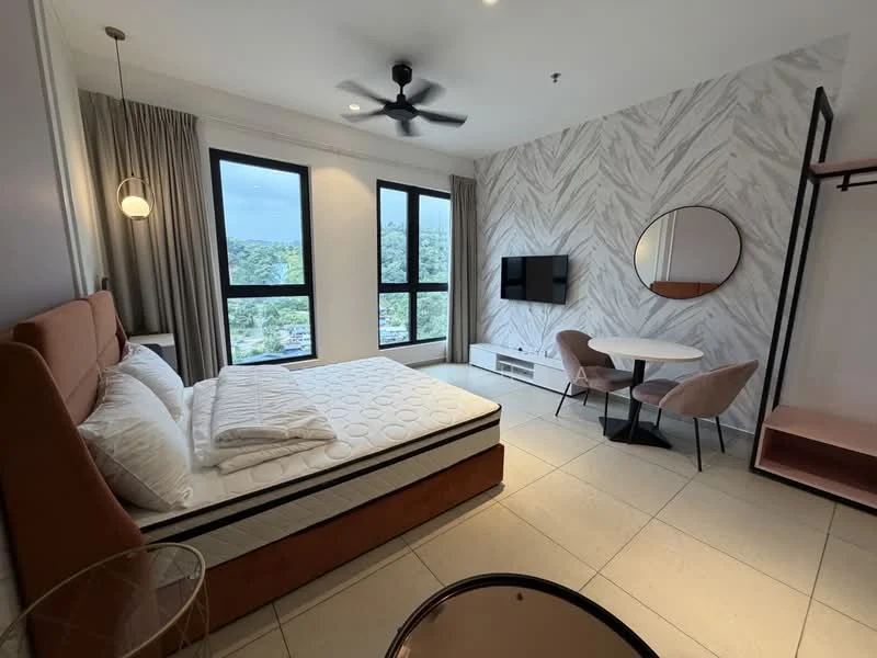Bedroom features: king-size bed with upholstered headboard, white bedding, 2 bedside tables, round mirror, wall-mounted TV, ceiling fan, large windows with city view, curtains, dining table for 2, 2 upholstered dining chairs, light-colored tile flooring, accent wall with herringbone pattern; style: modern; view: city.