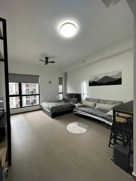 Living features: grey fabric sofa, black bed with mattress, round area rug, wall-mounted clock, floor-to-ceiling windows, ceiling fan, recessed ceiling light, light-colored walls, tile flooring, black shelving unit, small dining table with stools; style: modern.