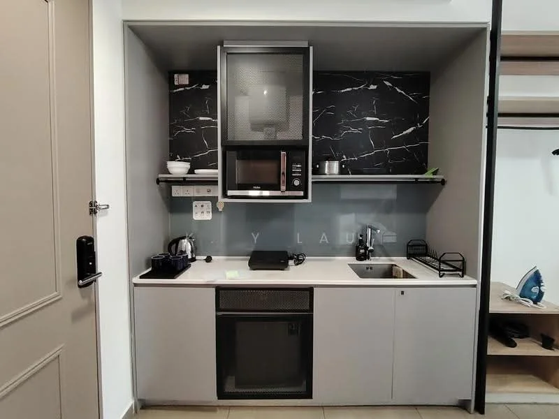 Kitchen features: grey cabinetry, black marble backsplash, white countertop, single-bowl stainless-steel sink, chrome pull-down faucet, built-in microwave, stainless-steel range hood, 2-burner electric hob, refrigerator, kitchen utensils, open shelving, wall-mounted storage rack; style: modern.
