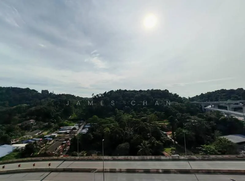 Exterior features: view of greenery, roadway in foreground, hills in background, partly cloudy sky, sunlight visible.