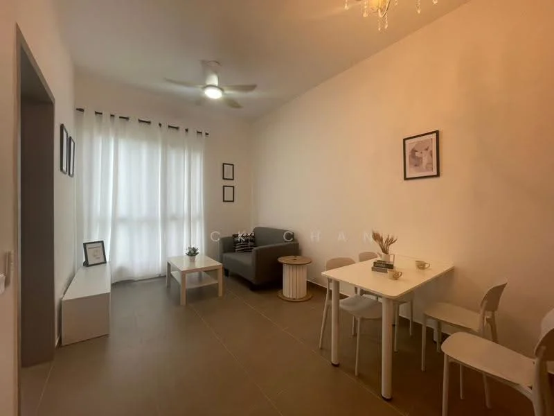 Living features: 3-seater fabric sofa in grey, white dining table, 4 white dining chairs, ceiling fan, chandelier, floor-to-ceiling windows with sheer curtains, light-coloured walls, tile flooring, decorative wall art, small side table; style: modern.