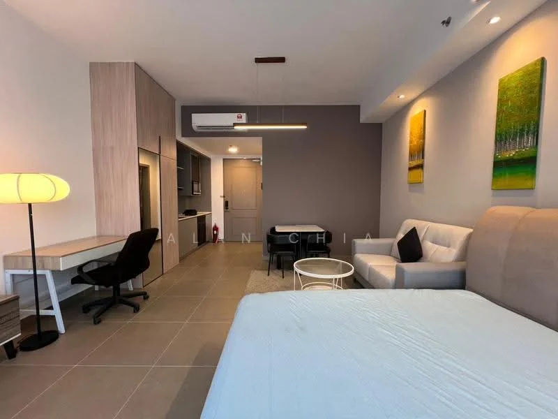 Room features: light grey painted walls, cream tiled flooring, queen-size bed, upholstered headboard, sofa in white fabric, coffee table, desk with chair, wall-mounted air conditioning unit, recessed downlights, framed artwork on walls, built-in cabinetry, open kitchen area with countertop; style: modern.