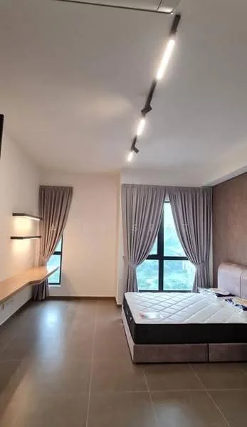 Bedroom features: queen-size bed, upholstered headboard, floor-to-ceiling windows, sheer curtains, dark wood accent wall, light grey walls, recessed LED downlights, built-in desk with shelf, tile flooring, decorative wall lighting; style: modern; view: garden.
