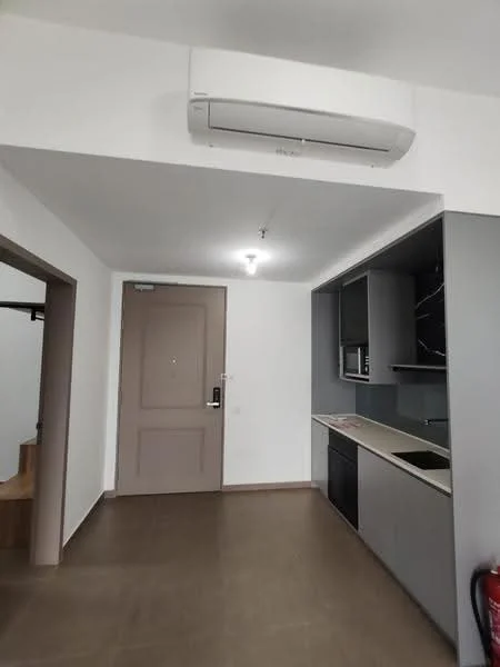 Kitchen features: grey cabinetry, single-bowl stainless-steel sink, built-in oven, stainless-steel fridge, ceramic tile flooring, wall-mounted split AC, countertop with backsplash, light fixture, fire extinguisher, door with security lock; style: modern.