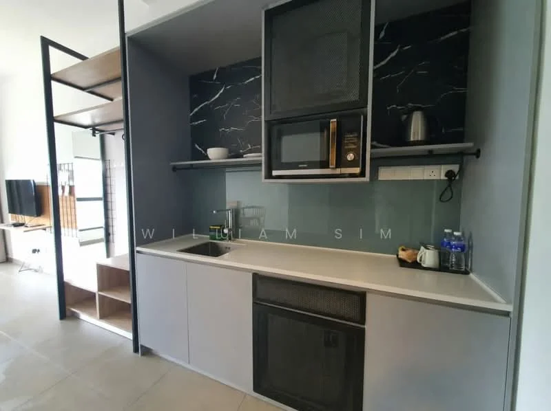 Kitchen features: single-bowl stainless-steel sink, chrome pull-down faucet, built-in microwave, built-in oven, stainless-steel range hood, grey cabinetry, white countertop, black marble backsplash, open shelving, glass-front upper cabinets, tile flooring, recessed downlights; style: modern.