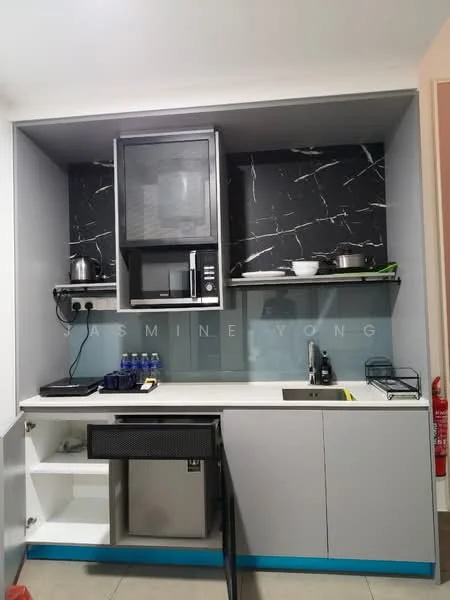 Kitchen features: black marble backsplash, white countertop, grey cabinetry, built-in microwave, stainless-steel sink, chrome pull-down faucet, refrigerator, electric stove, open shelving, kitchen utensils, bottled water, dish rack; style: modern.