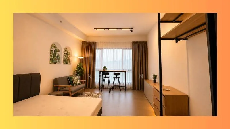 Living features: grey fabric sofa, wooden armchair, round dining table for two, floor-to-ceiling windows, sheer curtains, wooden console cabinet, decorative plant, area rug with geometric pattern, track lighting, wood shelving unit; style: modern; view: city.