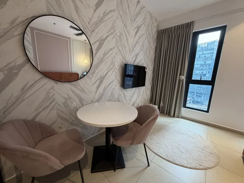 Room features: textured wallpaper with geometric pattern, cream painted walls, round mirror, small round dining table, 2 upholstered chairs in light pink, wall-mounted TV, floor-to-ceiling window, curtains, light-colored area rug, tile flooring; style: modern; view: city.