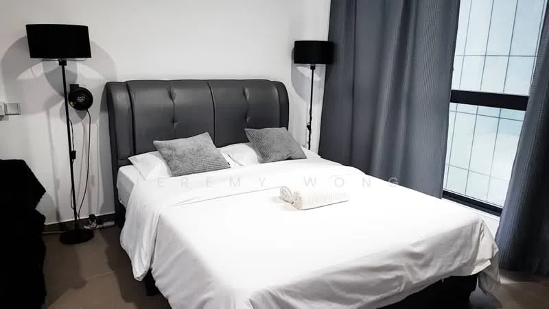 Bedroom features: king-size bed with upholstered headboard, white bedding, two decorative pillows, black bedside lamps, grey curtains, floor-to-ceiling window, light-colored flooring, minimalist decor; style: modern; view: city.