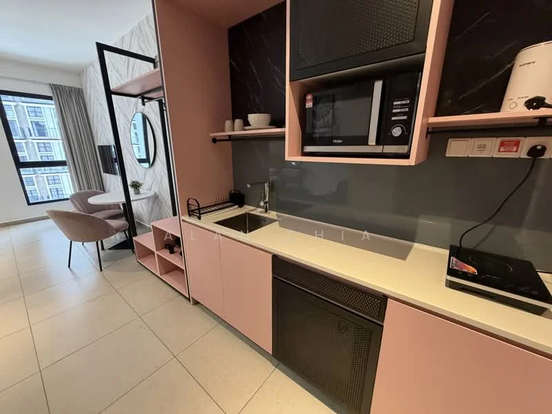 Kitchen features: pink cabinetry, white countertop, stainless-steel sink, chrome faucet, built-in microwave, electric stove, black backsplash, open shelving, kitchen utensils, decorative items; style: modern. Room features: floor-to-ceiling windows, curtains, seating area with chairs, round mirror.