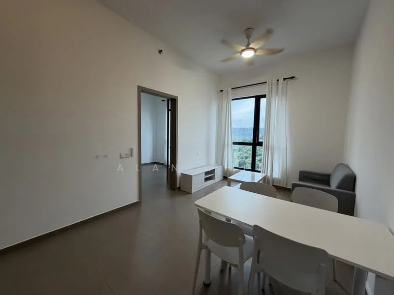 Living features: light grey walls, white ceiling, 5-blade ceiling fan with light, large window with mountain view, white dining table, 4 white chairs, grey fabric sofa, TV console, tile flooring; style: modern; view: mountain.