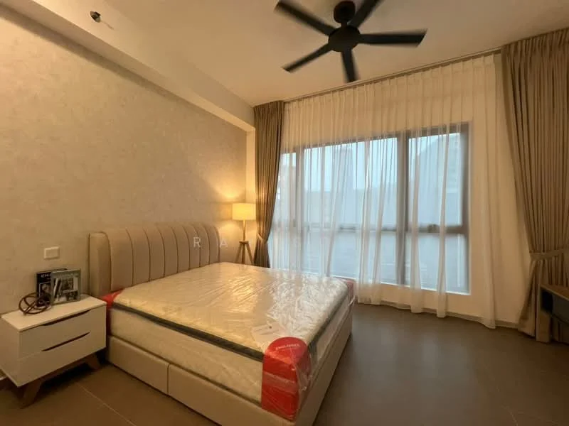 Bedroom features: king-size bed, upholstered headboard, 2 bedside tables, table lamp, floor-to-ceiling windows, sheer curtains, dark curtains, ceiling fan, wall-mounted decor, neutral wall color, tile flooring; style: modern.