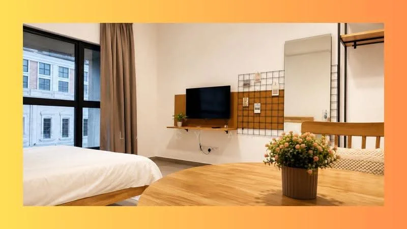 Bedroom features: queen-size bed with white bedding, wooden bed frame, floor-to-ceiling windows, grey curtains, wall-mounted TV, wooden shelf under TV, decorative wall grid, mirror, wooden dining table, wooden chairs, potted plant on table, light-colored flooring, white painted walls; style: modern; view: city.