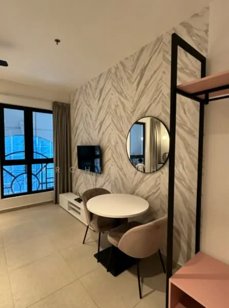 Living features: light-colored tile flooring, textured accent wall with herringbone pattern, round mirror, wall-mounted TV, white TV console, round dining table, 2 upholstered dining chairs in pink, floor-to-ceiling windows with sheer curtains, ceiling fan, decorative shelving unit; style: modern.
