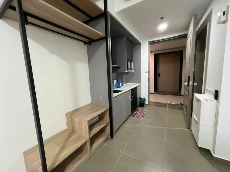 Room features: open shelving unit, wooden storage shelves, grey cabinetry, white countertop, tile flooring, neutral wall colour, doorway leading to hallway, built-in cabinet, small rug, waste bin; style: modern.