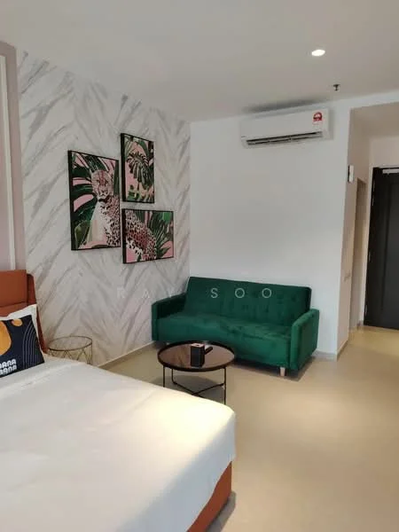 Room features: queen-size bed with orange upholstered headboard, white bedding, green fabric sofa, round coffee table, wall-mounted air conditioning unit, decorative wall art with animal prints, light-colored flooring, textured accent wall with marble pattern; style: modern.