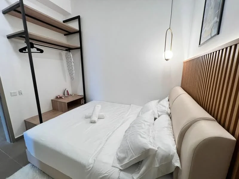 Bedroom features: king-size bed, upholstered headboard, white bedding, wooden accent wall, built-in wardrobe with open shelving, hanging clothes rack, pendant light fixture, neutral wall color, floor tiles, decorative wall art; style: modern.