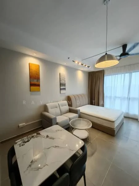 Living features: grey fabric sofa, queen-size bed with no bedding, white marble dining table, black dining chairs, recessed downlights, pendant light, floor-to-ceiling windows, curtains, decorative artwork on walls, light grey tiled flooring; style: modern; view: city.