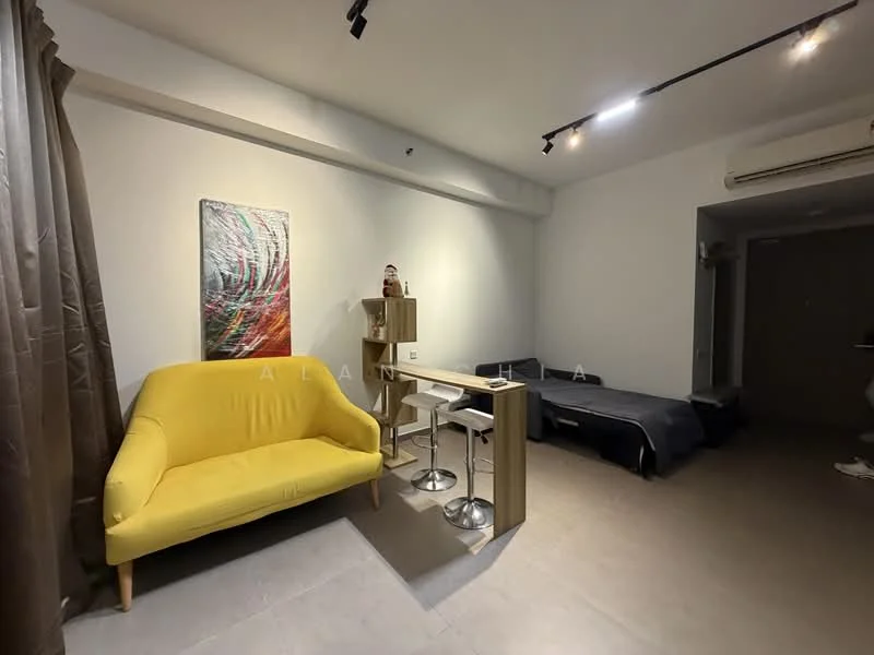 Living features: yellow fabric sofa, small dining table with two stools, grey bed with bedding, grey tiled flooring, white painted walls, recessed downlights, air conditioning unit, decorative artwork on wall, floor-to-ceiling curtains; style: modern.