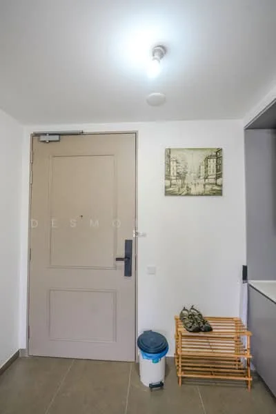 Room features: light grey painted walls, tile flooring, wooden shoe rack, white trash bin, wall-mounted artwork, ceiling light fixture; style: modern.