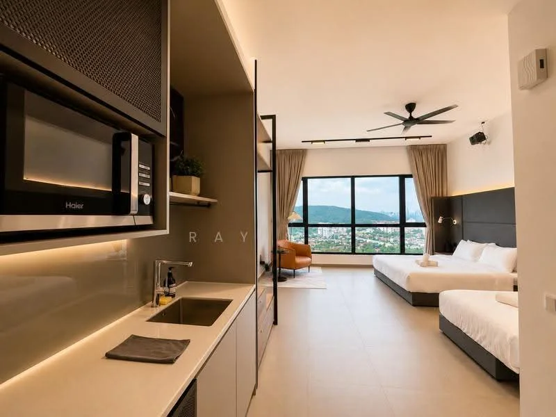 Bedroom features: two queen-size beds with white bedding, wall-mounted TV, floor-to-ceiling windows with city view, 5-blade ceiling fan, light-colored walls, light-colored tile flooring, built-in cabinetry, microwave, kitchenette with sink, decorative plants, curtains, recessed lighting; style: modern; view: city.