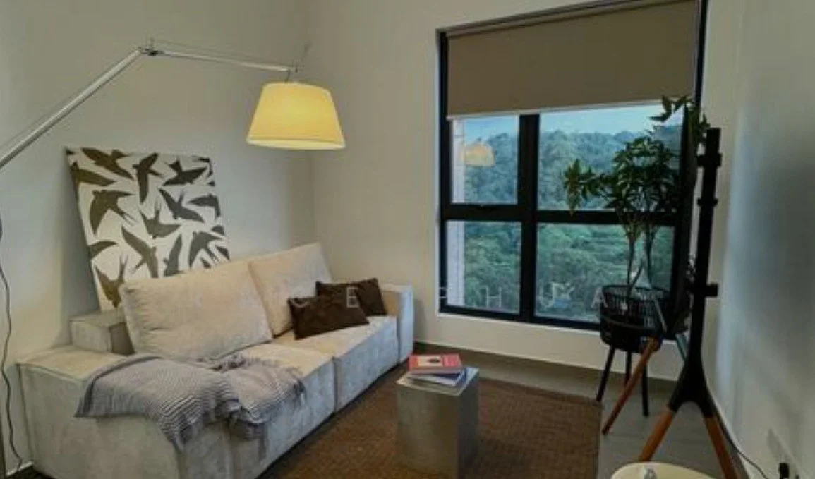 Living features: 3-seater fabric sofa in light beige, decorative throw pillows, floor lamp with white shade, coffee table with metallic finish, area rug in brown, large window with mountain view, roller blinds, wall-mounted TV, decorative wall art with nature theme, wooden accent chair; style: modern; view: mountain.