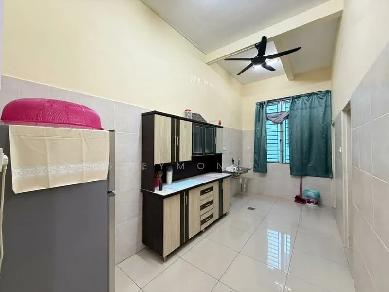 Kitchen features: white painted walls, cream tiled flooring, ceiling fan, single-bowl stainless-steel sink, chrome pull-down faucet, kitchen cabinetry with wood finish, countertop with white surface, refrigerator, window with green curtains, wall-mounted storage, tile backsplash; style: modern.