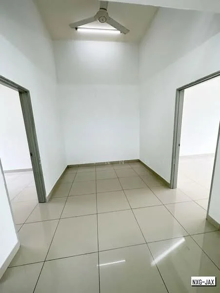 Room features: white painted walls, tile flooring, ceiling fan, recessed lighting, two doorways, neutral color scheme, high ceiling, corner room; style: modern.