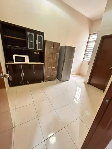 Room features: white painted walls, glossy tile flooring, built-in cabinetry with glass doors, wooden drawers, microwave, stainless-steel fridge, window with horizontal slats, single wooden door; style: modern.