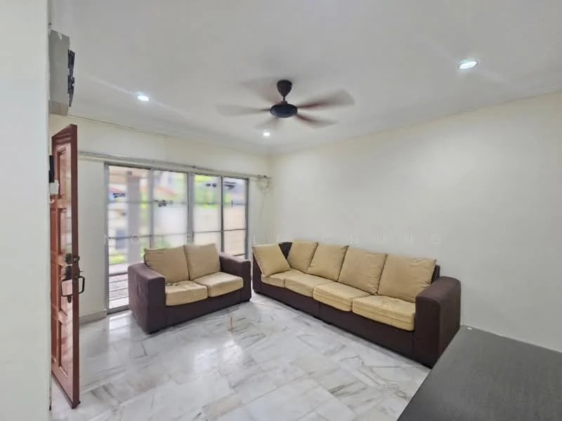 Living features: 3-seater fabric sofa in beige, 2-seater fabric sofa in brown, ceiling fan with 3 blades, marble flooring, sliding glass door, natural light from windows, neutral wall color, decorative wall with no visible artwork; style: modern; view: garden.