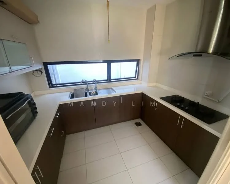 Kitchen features: single-bowl stainless-steel sink, chrome pull-down faucet, white quartz countertop, brown wooden cabinetry, built-in microwave, stainless-steel range hood, 4-burner gas hob, white tiled backsplash, white tiled flooring, floor-to-ceiling window; style: modern.