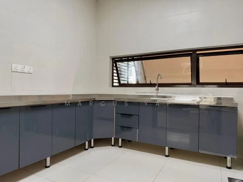Kitchen features: stainless-steel countertop, grey cabinetry with flat-panel doors, single-bowl stainless-steel sink, chrome pull-down faucet, tile flooring, white painted walls, window with horizontal slats, under-cabinet lighting; style: modern.