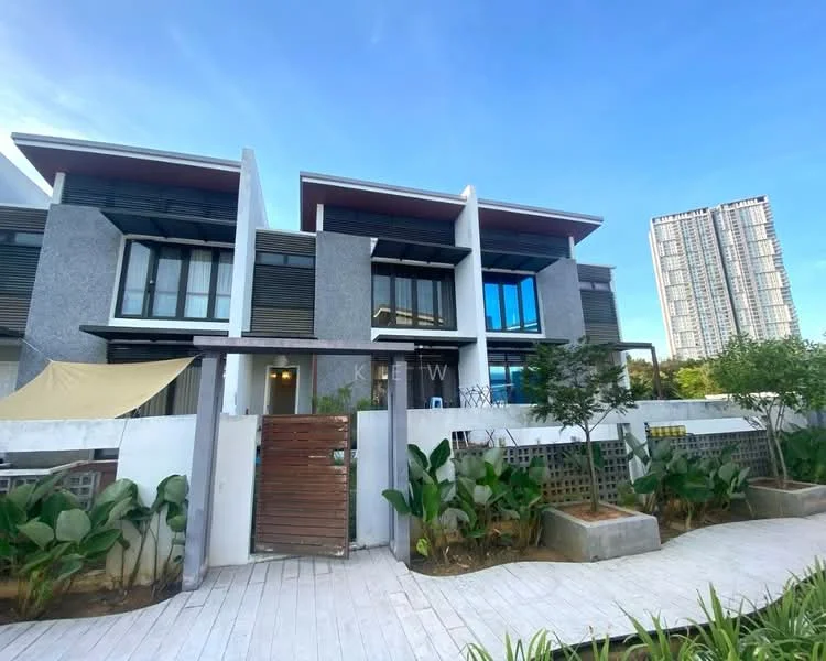 Exterior type: linked terrace house; features: grey painted facade, recessed balconies, large windows, wooden gate, manicured landscaping, paved walkway, mature trees, adjacent high-rise building; style: modern.