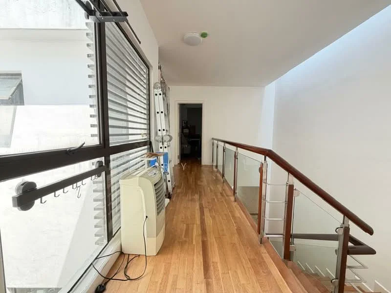 Hallway features: wooden flooring, white painted walls, glass railing, wall-mounted split AC, large windows with horizontal blinds, ceiling light fixture, doorway leading to another room; style: modern.