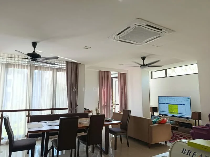 Living features: 2 ceiling fans, recessed downlights, floor-to-ceiling windows, sheer curtains, blackout curtains, wall-mounted TV, coffee table, sofa in beige, dining table with chairs, area rug with geometric pattern, polished tile flooring, open layout; style: modern; view: garden.