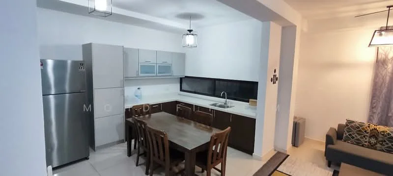 Kitchen features: white cabinetry, dark wood countertop, stainless-steel fridge, built-in oven, 4-burner gas hob, single-bowl stainless-steel sink, chrome pull-down faucet, tile backsplash, pendant lighting, dining table with 6 wooden chairs, open-plan layout, floor-to-ceiling window, light-colored tiled flooring; style: modern. Living features: sofa with decorative cushions, coffee table, area rug, floor lamp, curtains, wall-mounted decor; style: modern.