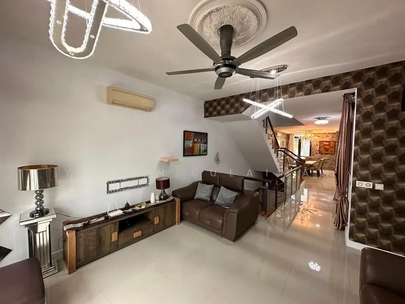 Living features: 5-blade ceiling fan with integrated LED light, cream painted walls, dark wood accent wall with geometric pattern, white ceiling with decorative plaster, polished tile flooring, brown leather sofa, wooden coffee table, decorative wall art, wall-mounted air conditioning unit, LED pendant lighting, side table with lamp; style: modern.