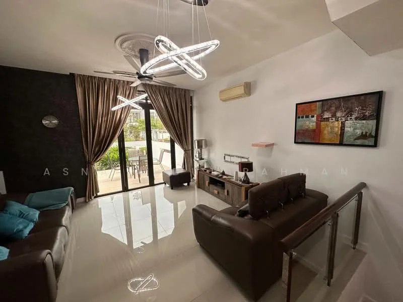 Living features: 3-seater leather sofa in brown, 2 accent cushions in turquoise, coffee table, wall-mounted TV, recessed downlights, 5-blade ceiling fan with light, sliding glass door, floor-to-ceiling windows, curtains in brown, decorative wall art, white painted walls, glossy tile flooring, access to outdoor patio; style: modern; view: garden.