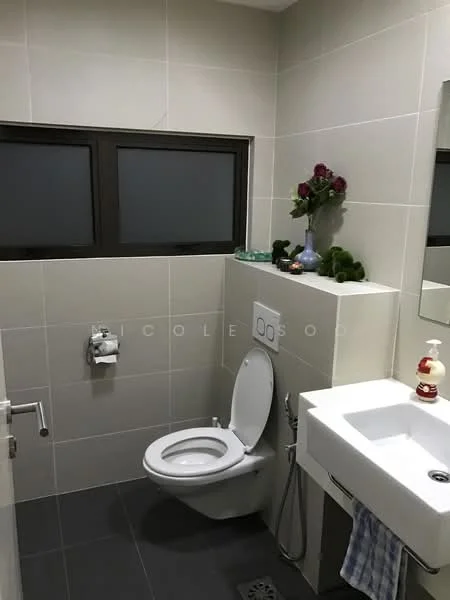 Bathroom features: white wall tiles, grey floor tiles, wall-mounted toilet, dual flush system, single-sink vanity, chrome basin mixer, framed mirror, decorative vase with flowers, towel rack, handheld bidet spray; style: modern.