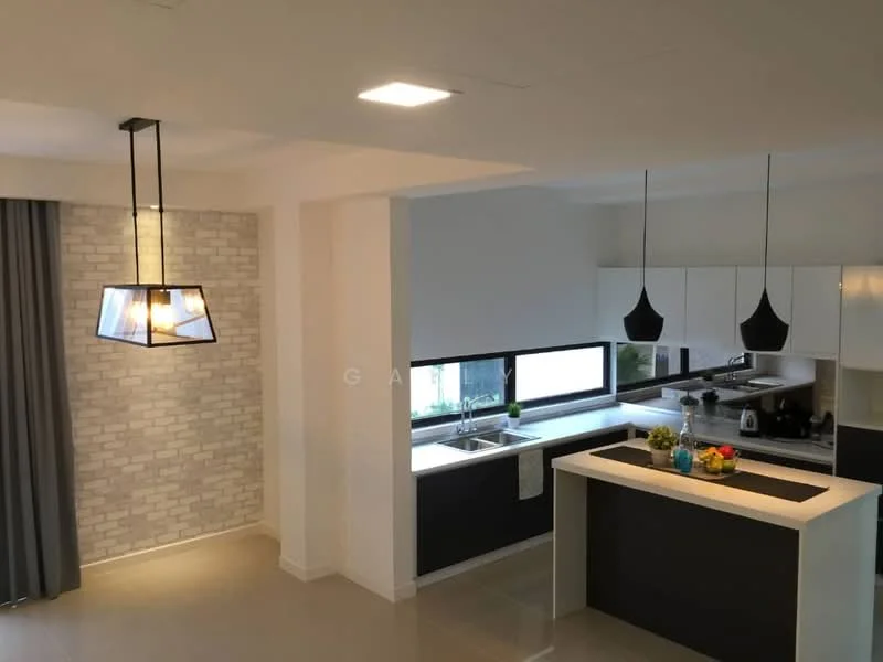 Kitchen features: white shaker cabinets, black countertop, single-bowl stainless-steel sink, chrome pull-down faucet, built-in oven, freestanding range oven, ceramic tile flooring, pendant lamp with geometric design, grey accent wall with brick pattern, floor-to-ceiling windows, window treatments with sheer curtains, kitchen island with seating, decorative plants on countertop; style: modern.