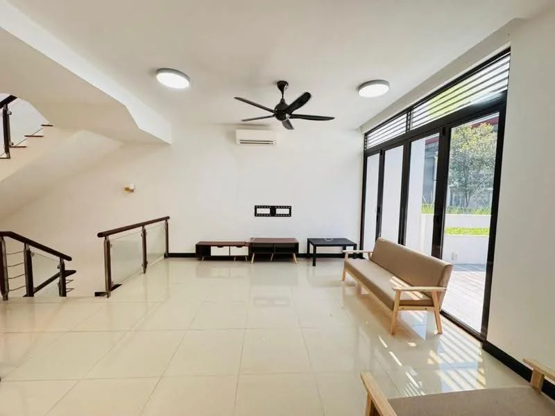 Living features: white painted walls, glossy tile flooring, 5-blade ceiling fan with light, 2 large sliding glass doors, floor-to-ceiling windows, natural light from windows, wooden coffee table, wooden sofa, wall-mounted TV console, air conditioning unit; style: modern; view: garden.