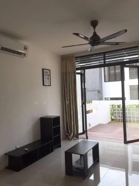 Living features: white painted walls, glossy tile flooring, 5-blade ceiling fan with light, floor-to-ceiling windows, sliding glass door, sheer curtains, black TV console, black coffee table, air conditioning unit; style: modern.