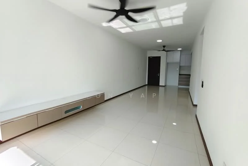 Living features: white painted walls, glossy ceramic tile flooring, 5-blade ceiling fan with light, recessed downlights, built-in TV console with storage, large window for natural light, neutral color palette, open layout; style: modern.